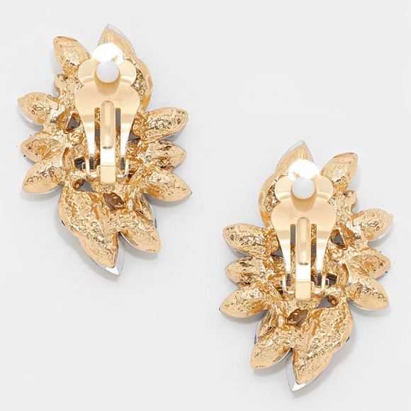 Red Marquise Crystal Clip On Earrings 1.5 Inch Swirl Leaf ClipOns Gold - Picture 2 of 3